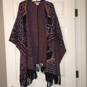 Aztec Print Poncho with Fringe